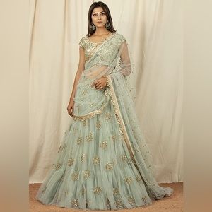 Mint Green Net Embroidered Sequins Umbrella Lehenga Wedding Wear, xs/s
